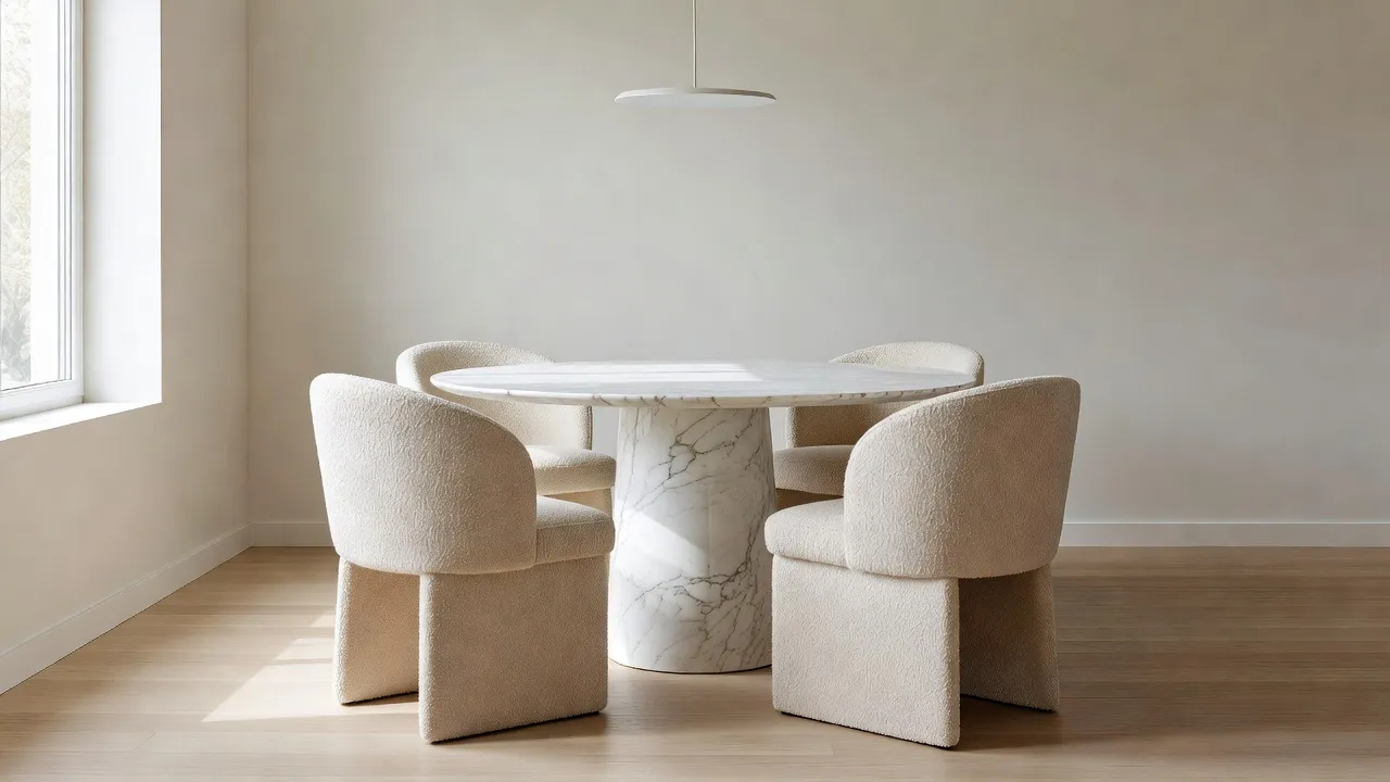 Uma sala de jantar fotorrealista com uma mesa de jantar redonda de tampo em mármore e cadeiras a condizer colocadas naturalmente no espaço existente, correspondendo à luz real da divisão