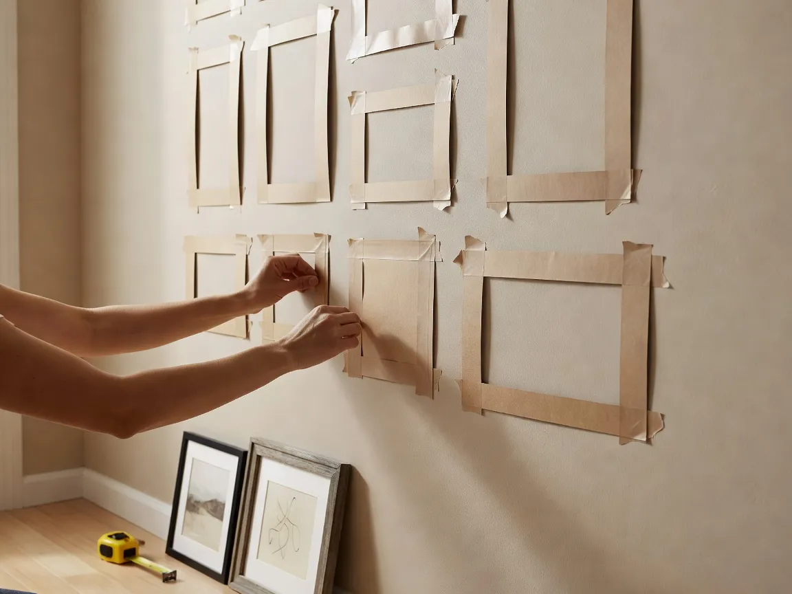 Des mains scotchant des gabarits en papier découpés à la taille des cadres sur un mur de salon pour tester une disposition de mur de galerie avant d'accrocher les vrais cadres