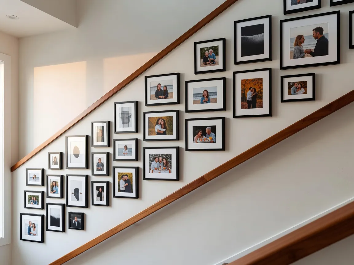 Un mur d'escalier avec un mur de galerie diagonal ascendant de photos à cadres noirs, planifié pour suivre la ligne de l'escalier