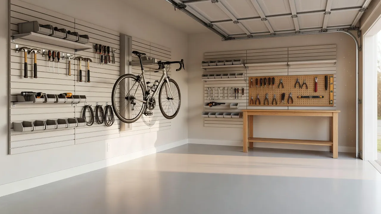 明るいグレーのエポキシ床、工具やビンを収めたスラットウォール収納パネル、壁掛け式バイクラックを備えた、フォトリアリスティックで整理整頓されたホームガレージ。AIガレージデザインでデザイン