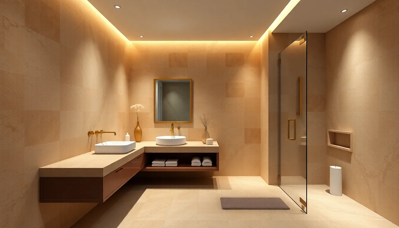 AI generated interior design of a spa bathroom with stone textures and brushed brass fixtures