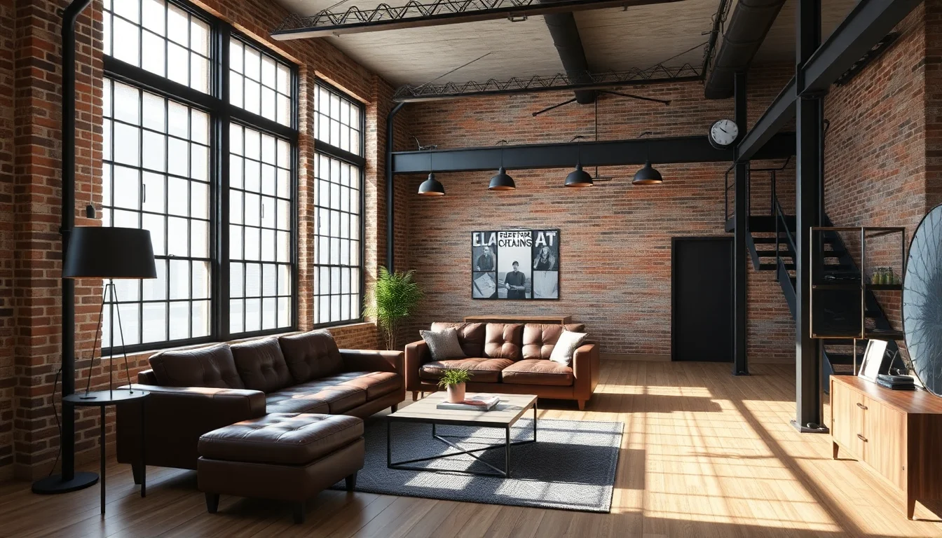 AI interior rendering of an industrial loft lounge with exposed brick and black metal accents