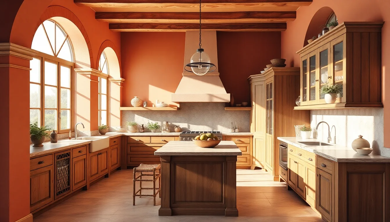 AI room decor generator visualizing a Mediterranean kitchen with terracotta tones and arched details