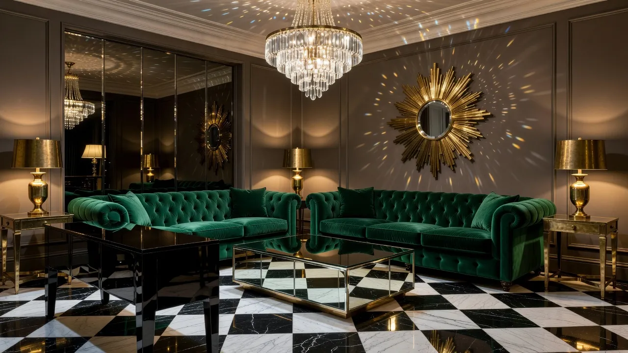 A photorealistic Hollywood Regency living room with a high-gloss black lacquered console, a mirrored coffee table, an emerald tufted velvet sofa, and a brass sunburst mirror created with AI interior design