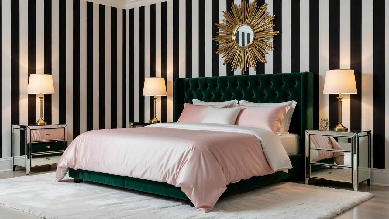 A photorealistic Hollywood Regency bedroom with a tufted velvet headboard, mirrored nightstands, a brass sunburst mirror, and blush pink and black accents