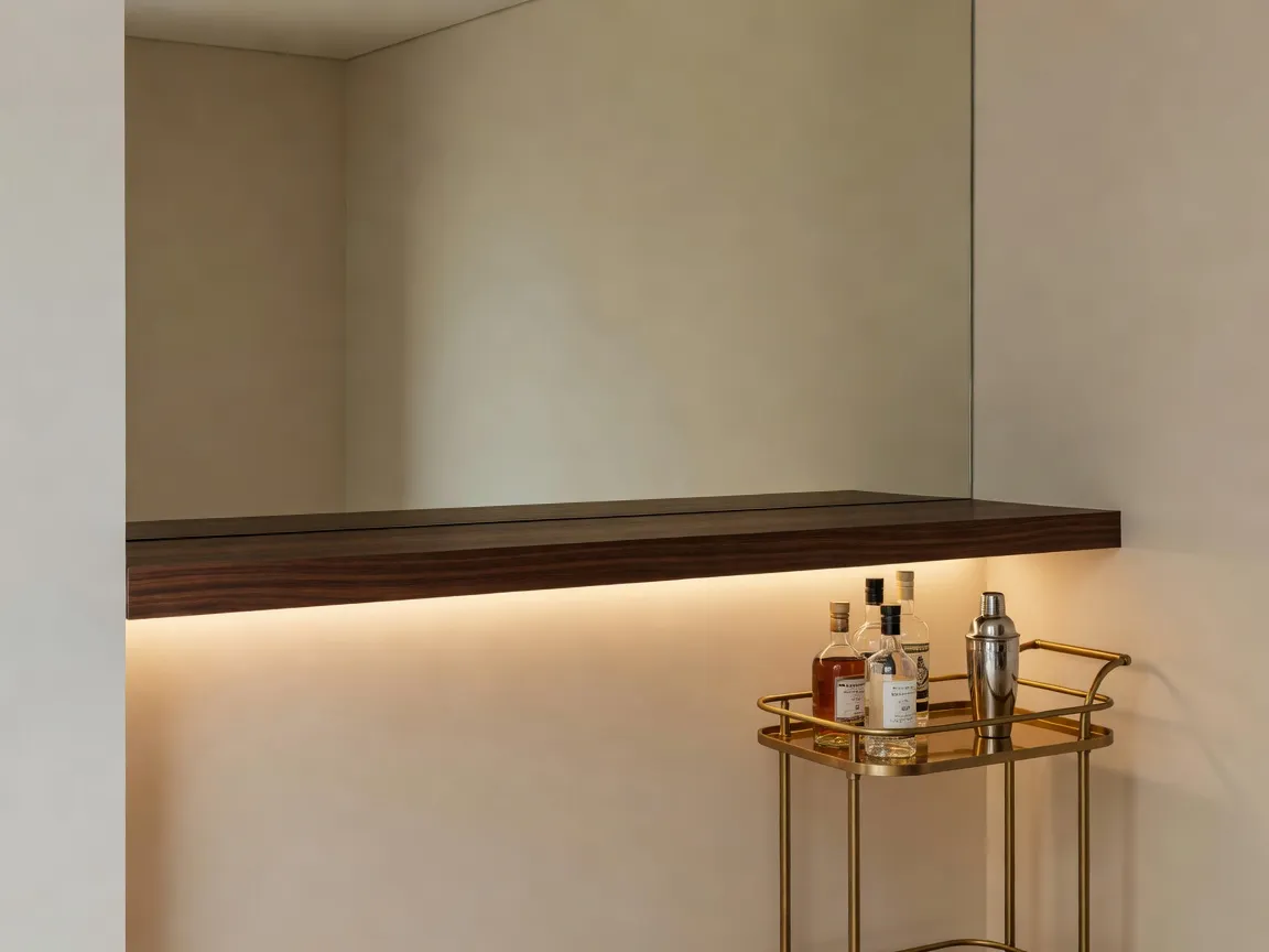 Un piccolo angolo del soggiorno con un carrello bar a due livelli con bicchieri, bottiglie e una piccola pianta, arredato con design bar di casa IA