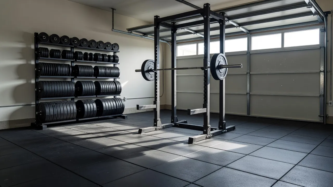 A photorealistic garage home gym with a squat rack, rubber flooring, and an open garage door letting in natural light and airflow, generated with AI interior design