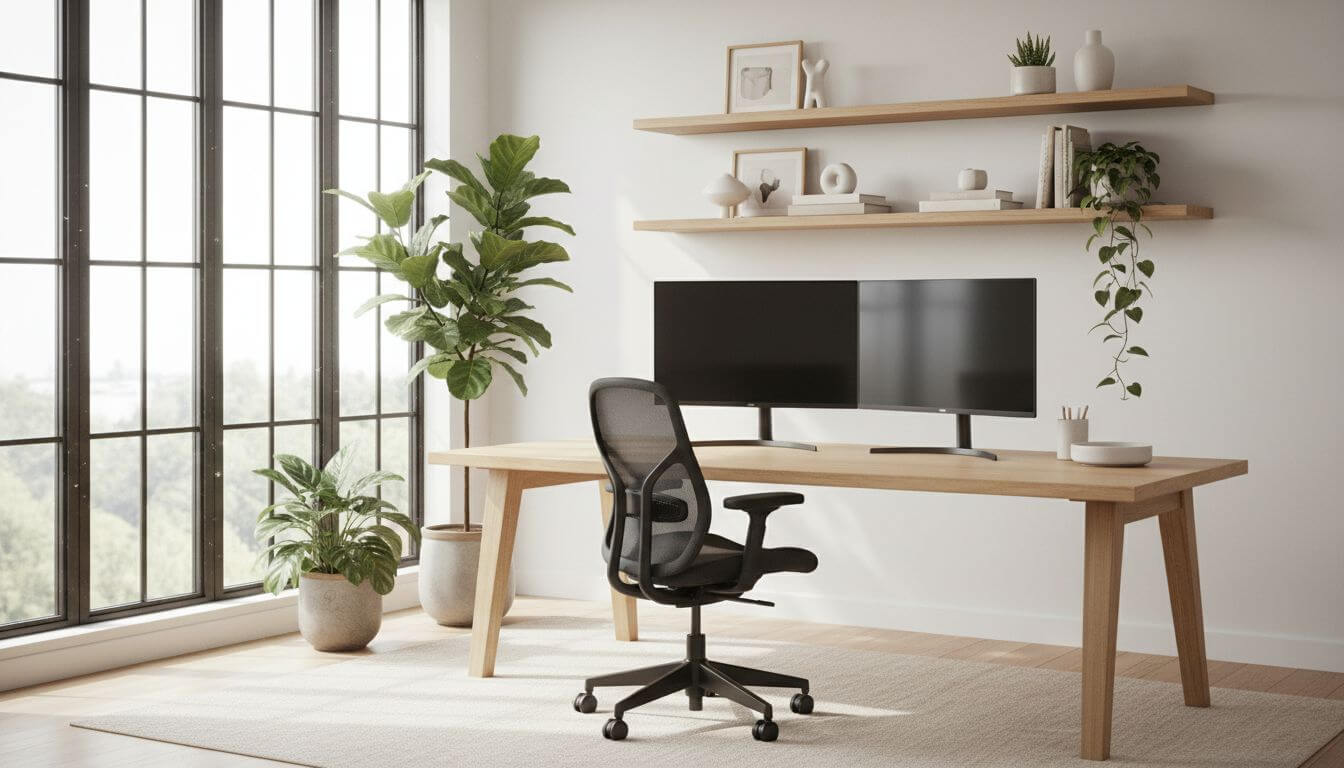 Modern AI-designed home office with ergonomic desk setup natural light and stylish decor