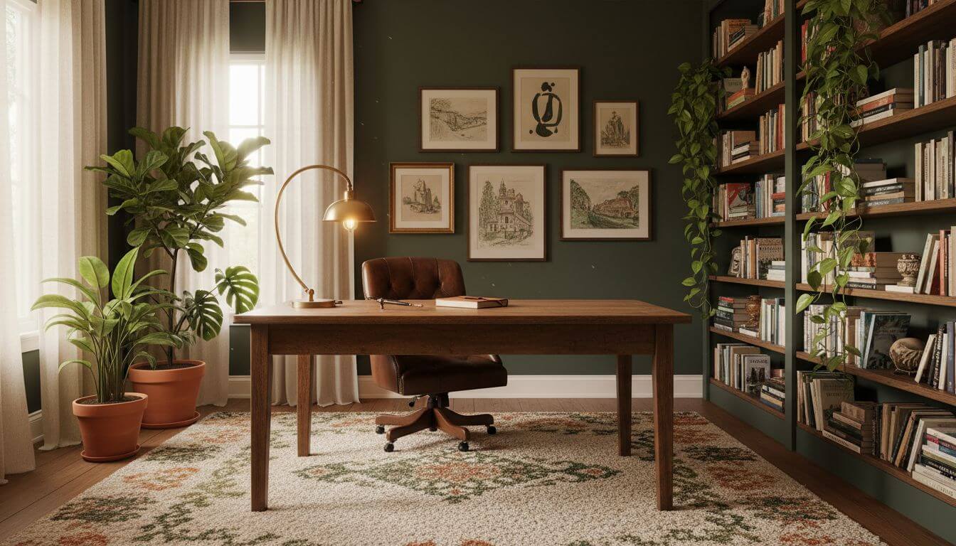 Cozy creative home office design with warm colors bookshelves plants and ambient lighting