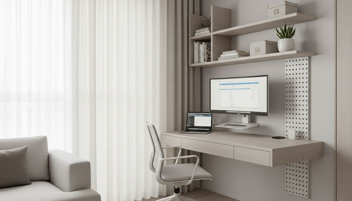 AI-designed small space home office in living room corner with floating desk and smart storage
