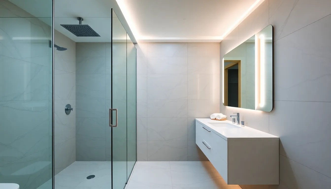 AI remodeling app bathroom renovation with walk-in shower and modern tiles