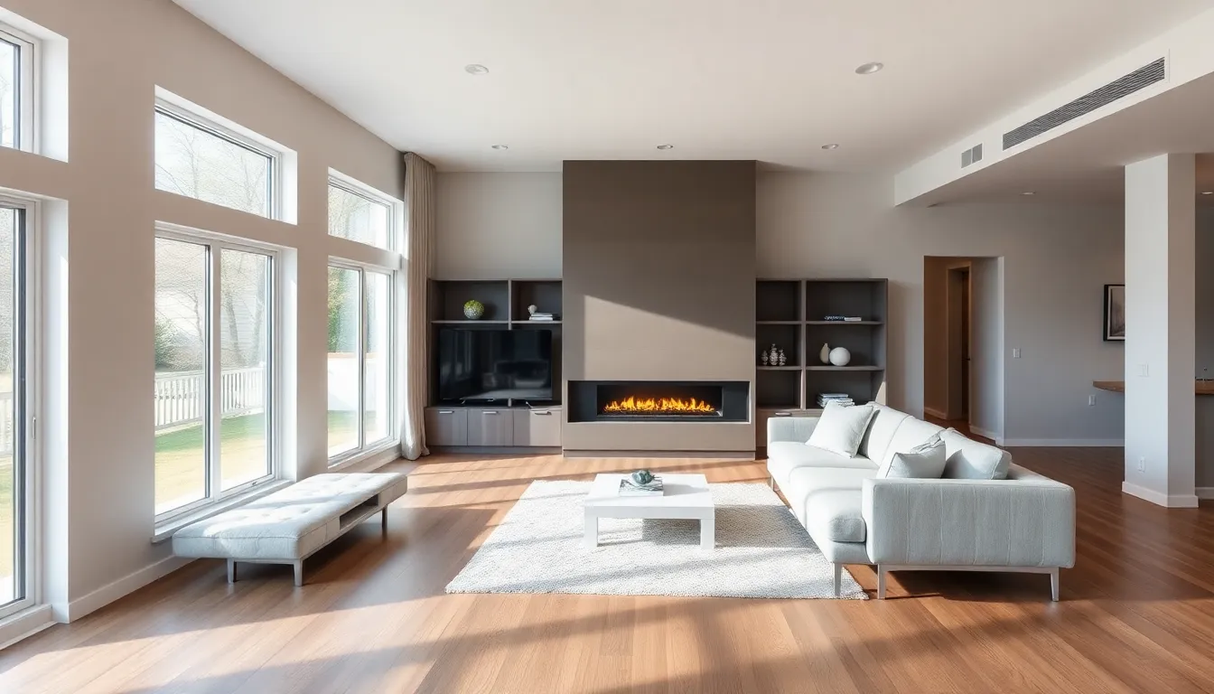 AI renovation design updating living room with new fireplace and built-in shelving