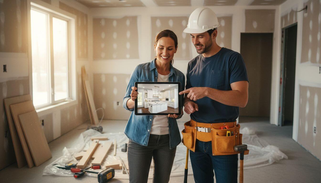 Homeowner showing AI-generated renovation visualization on tablet to contractor on construction site