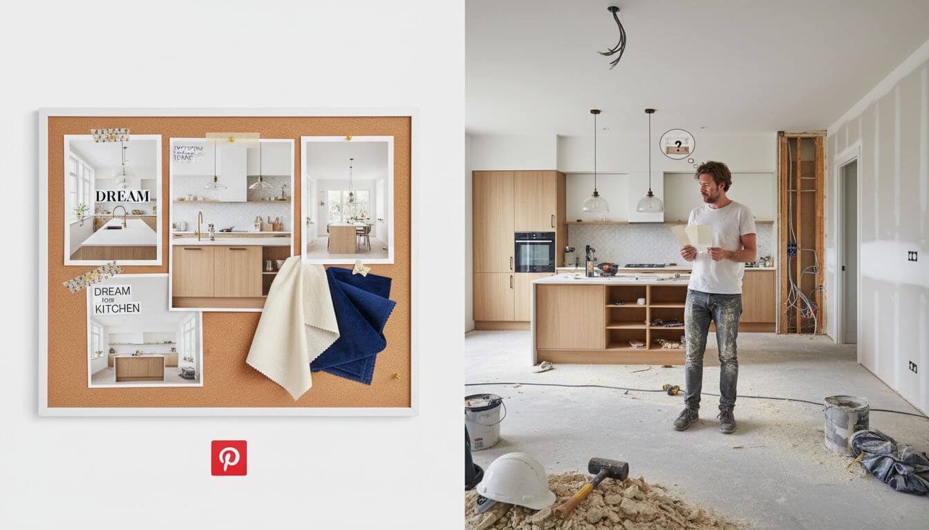 Split image showing Pinterest mood board expectations versus actual renovation challenges and how AI bridges the gap