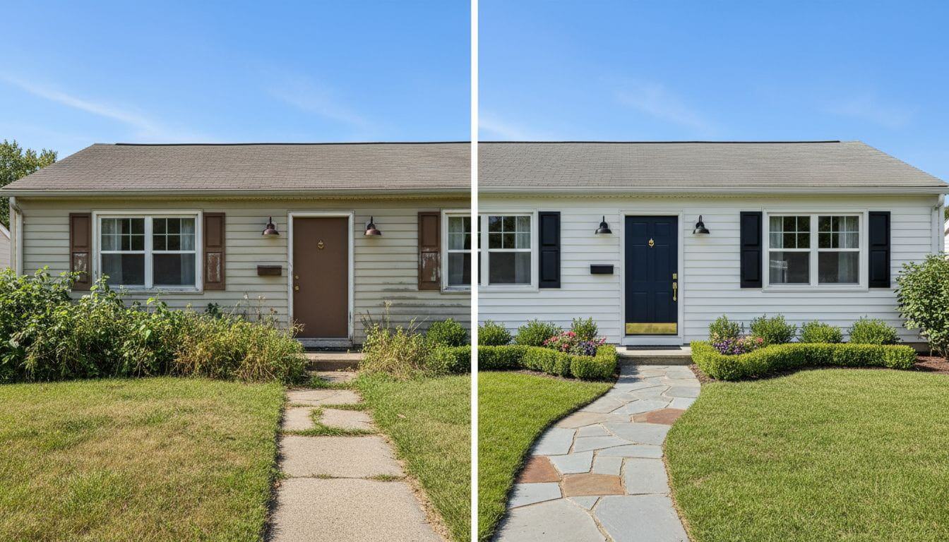 House exterior before and after AI visualization showing new paint colors, updated landscaping, and refreshed front entry