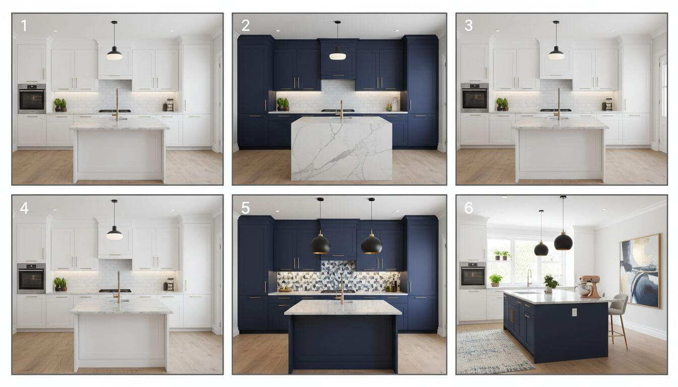 Series of 6 AI renovation iterations showing how the design evolves from first attempt to final refined concept