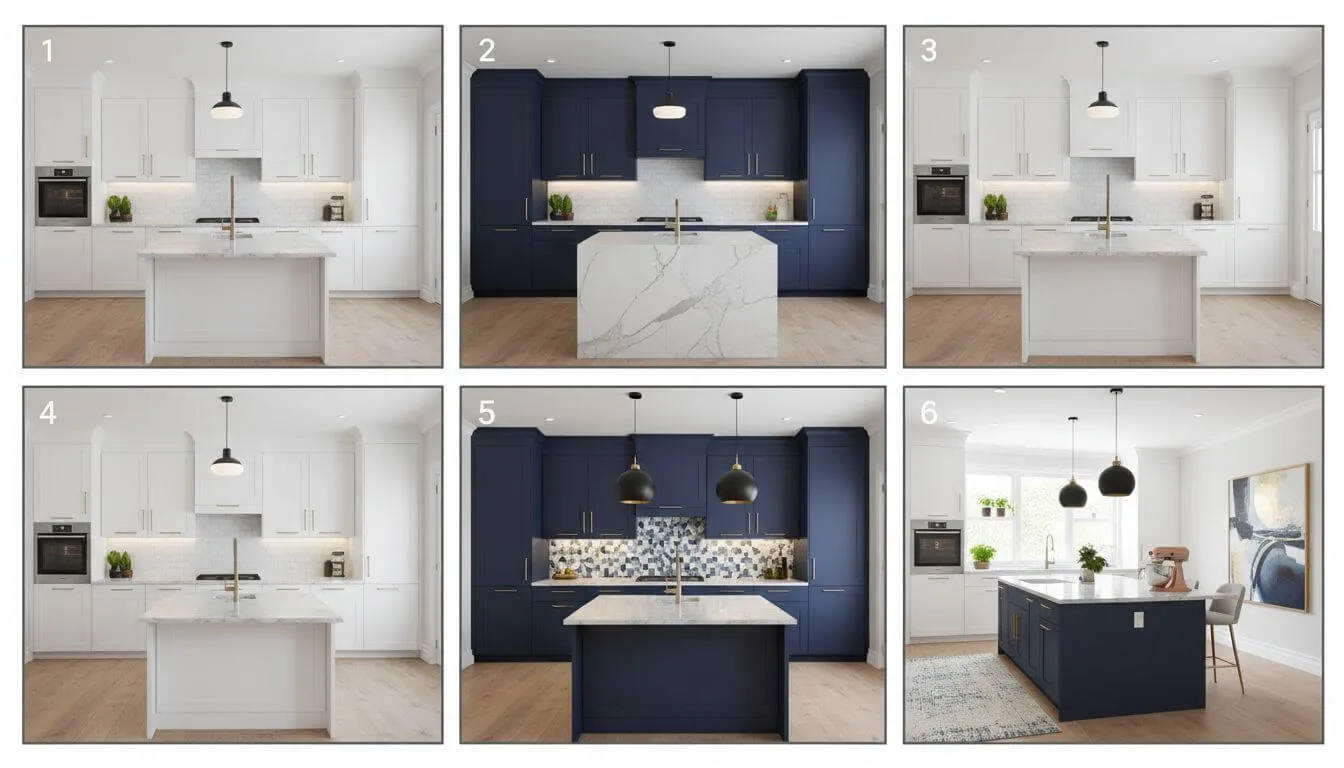 Series of 6 AI renovation iterations showing how the design evolves from first attempt to final refined concept