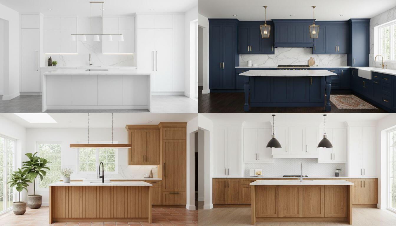 Same kitchen shown in 4 different AI-generated styles: modern white, navy traditional, natural wood contemporary, and two-tone transitional