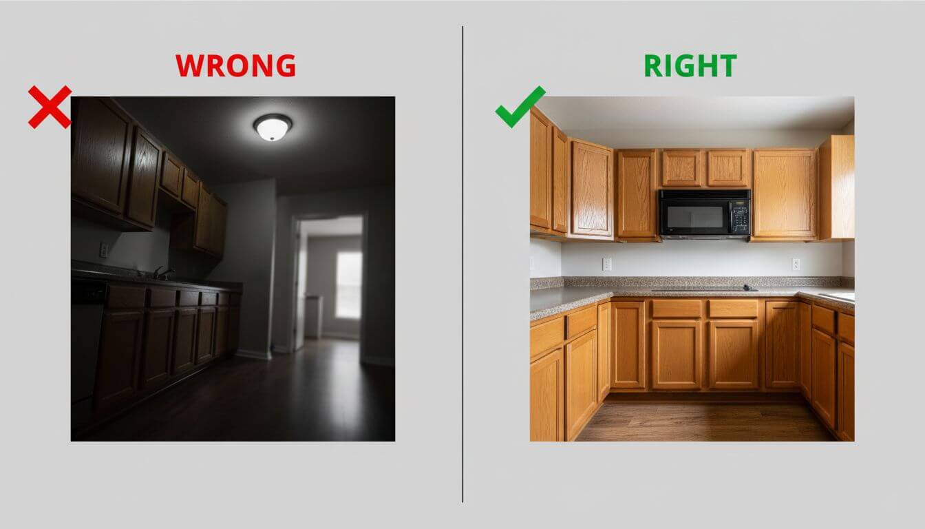 Side by side comparison of good vs bad photos for AI renovation showing proper lighting, angle, and framing techniques