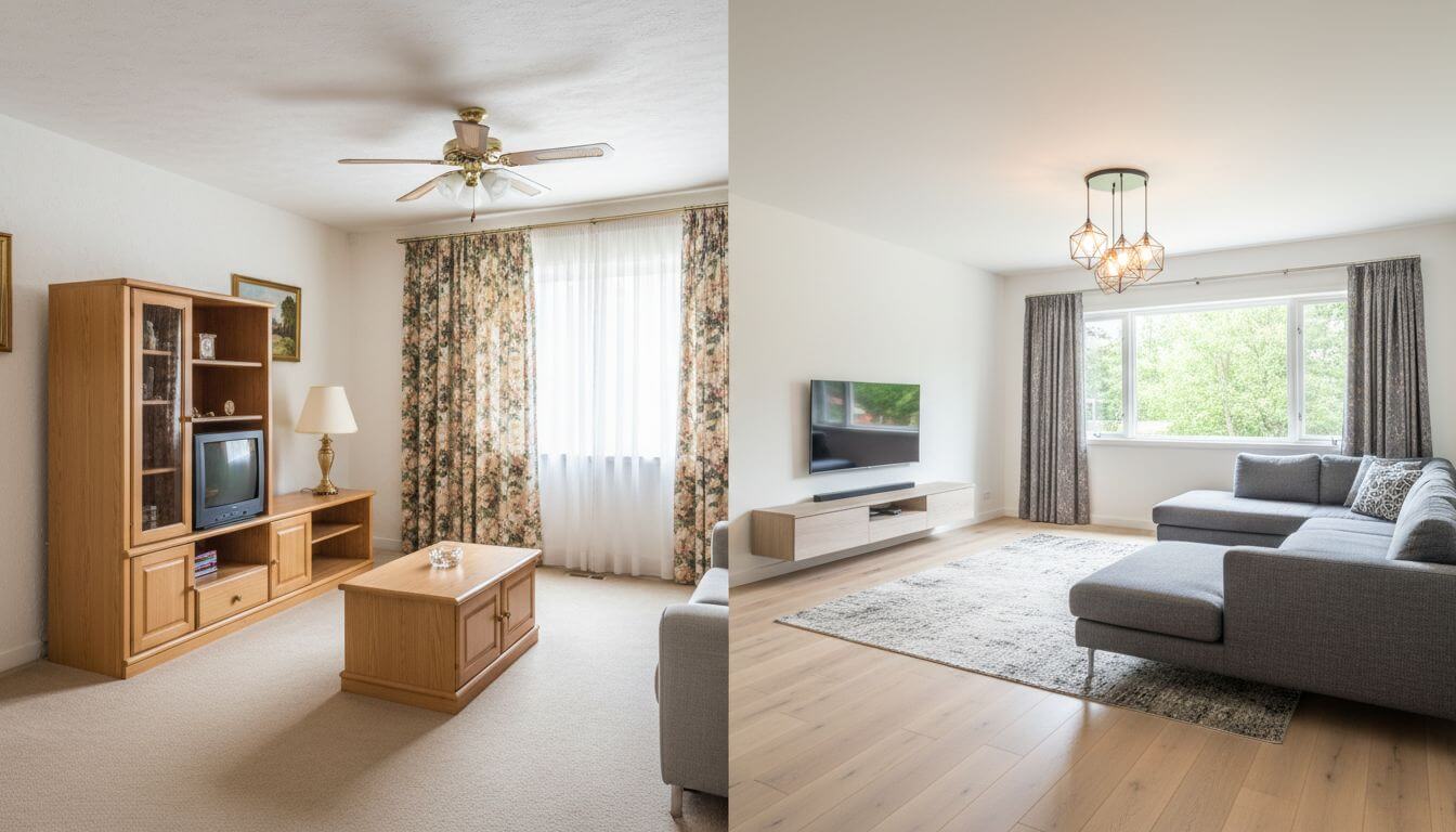 Dramatic before and after home renovation showing outdated living room transformed into modern open concept space using AI visualization
