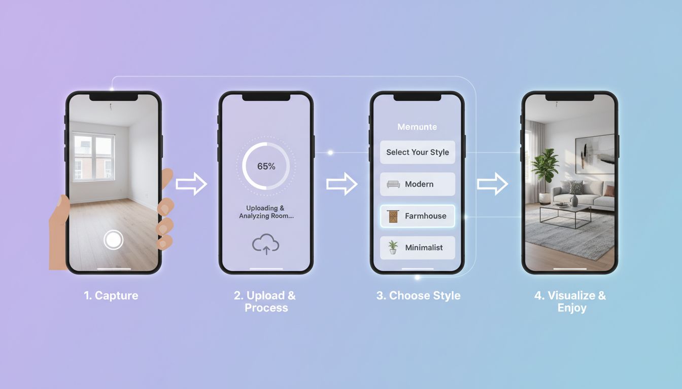 Step-by-step workflow showing AI virtual staging process from photo upload to final staged result