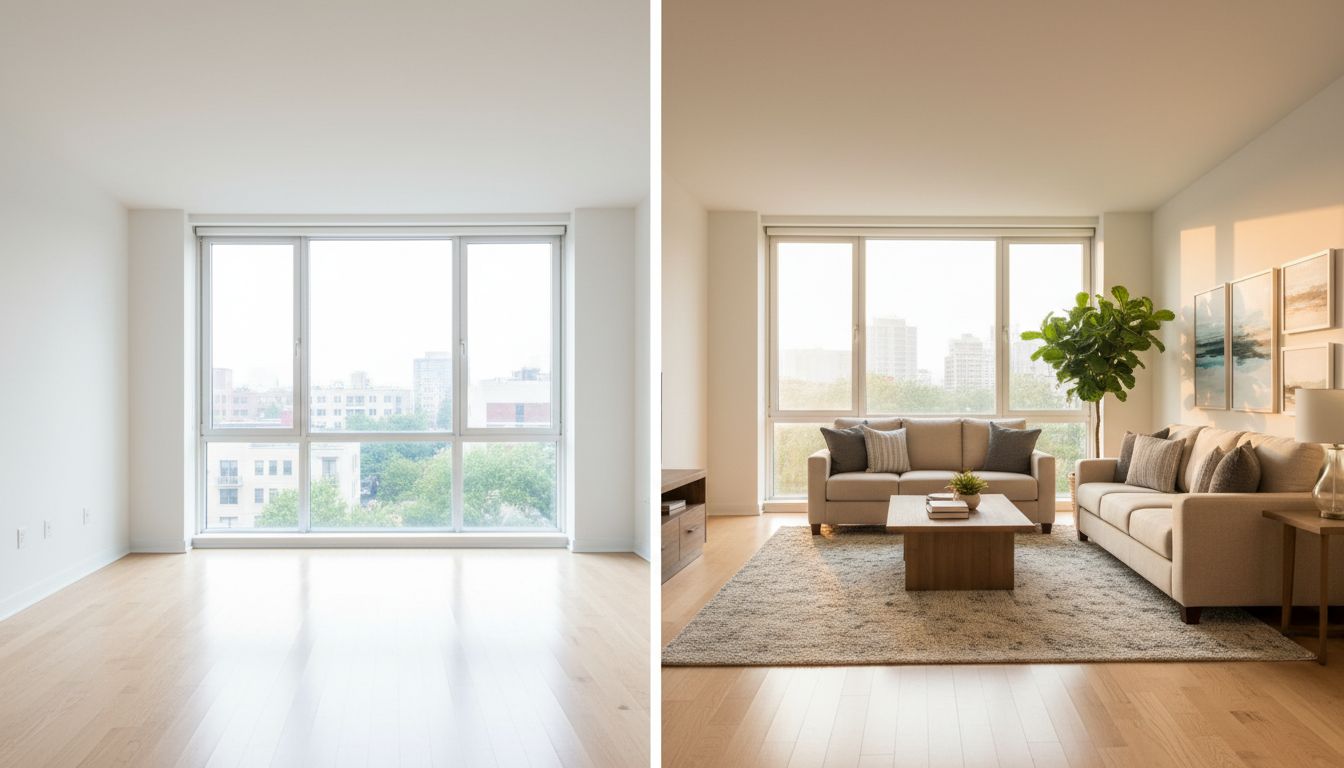 Before and after comparison of empty living room transformed with AI virtual staging into beautifully furnished modern space