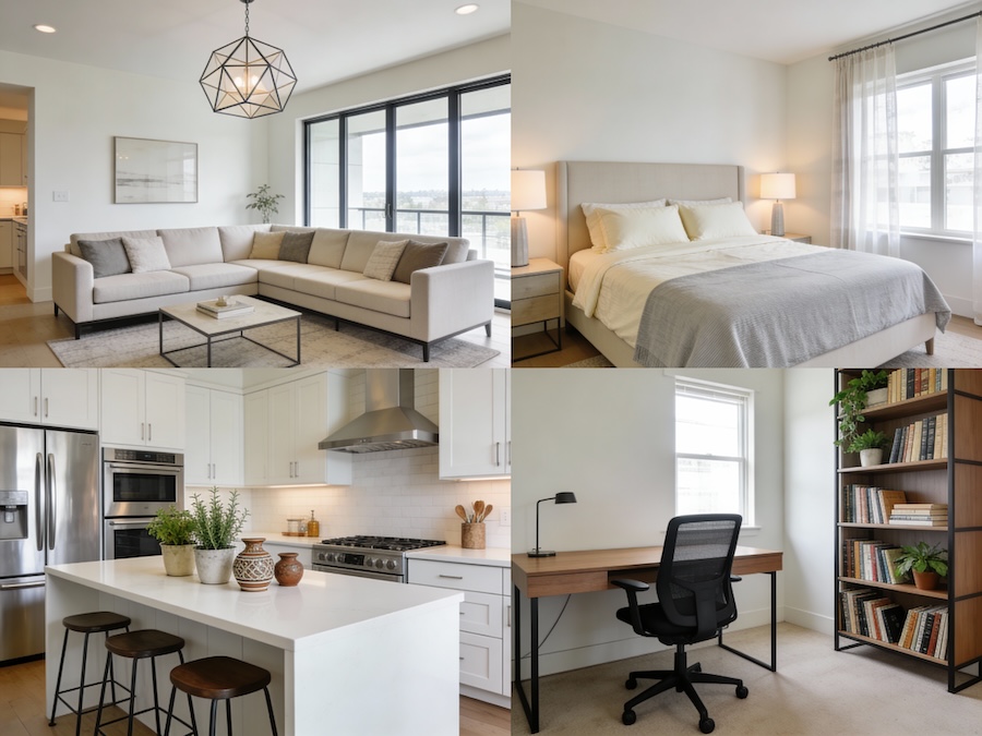 Grid showing AI staged living room, bedroom, kitchen, and home office demonstrating different staging approaches