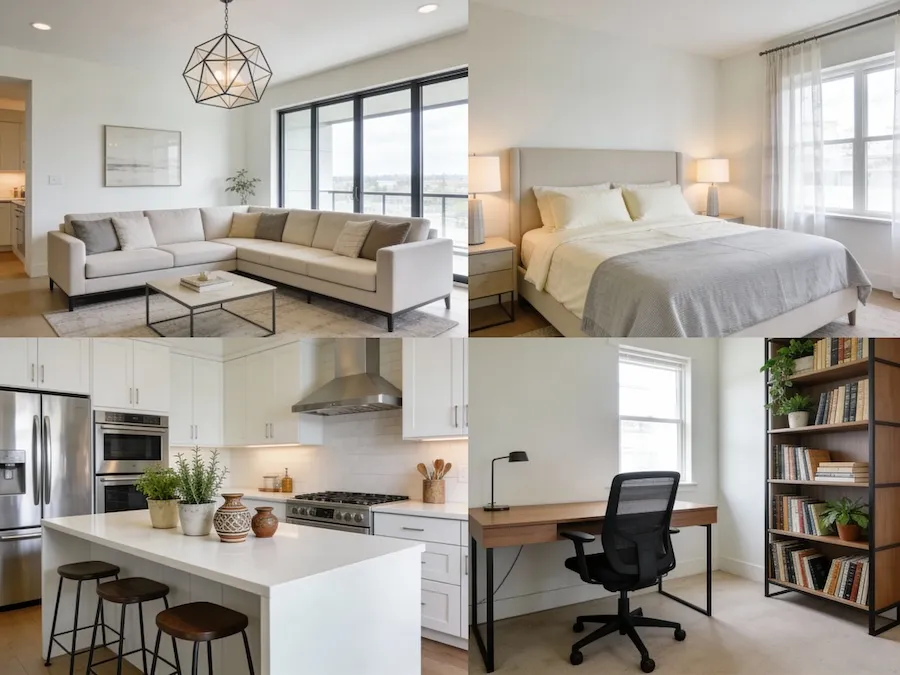 Grid showing AI staged living room, bedroom, kitchen, and home office demonstrating different staging approaches
