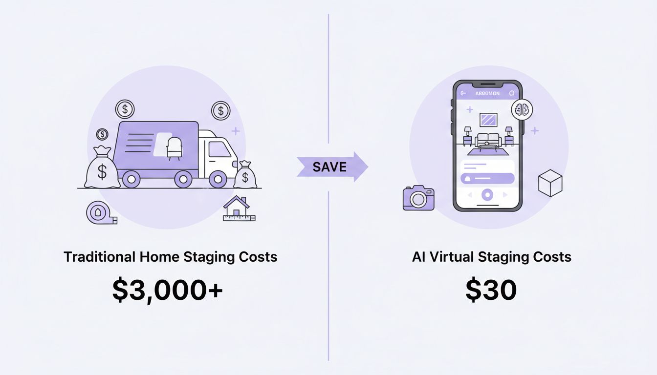 Infographic comparing costs of traditional staging versus AI virtual staging showing 90% savings