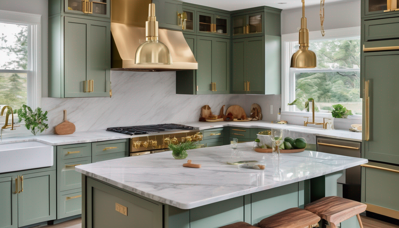 AI image redesign of a modern kitchen with sage green cabinets, marble countertops, and pendant lighting