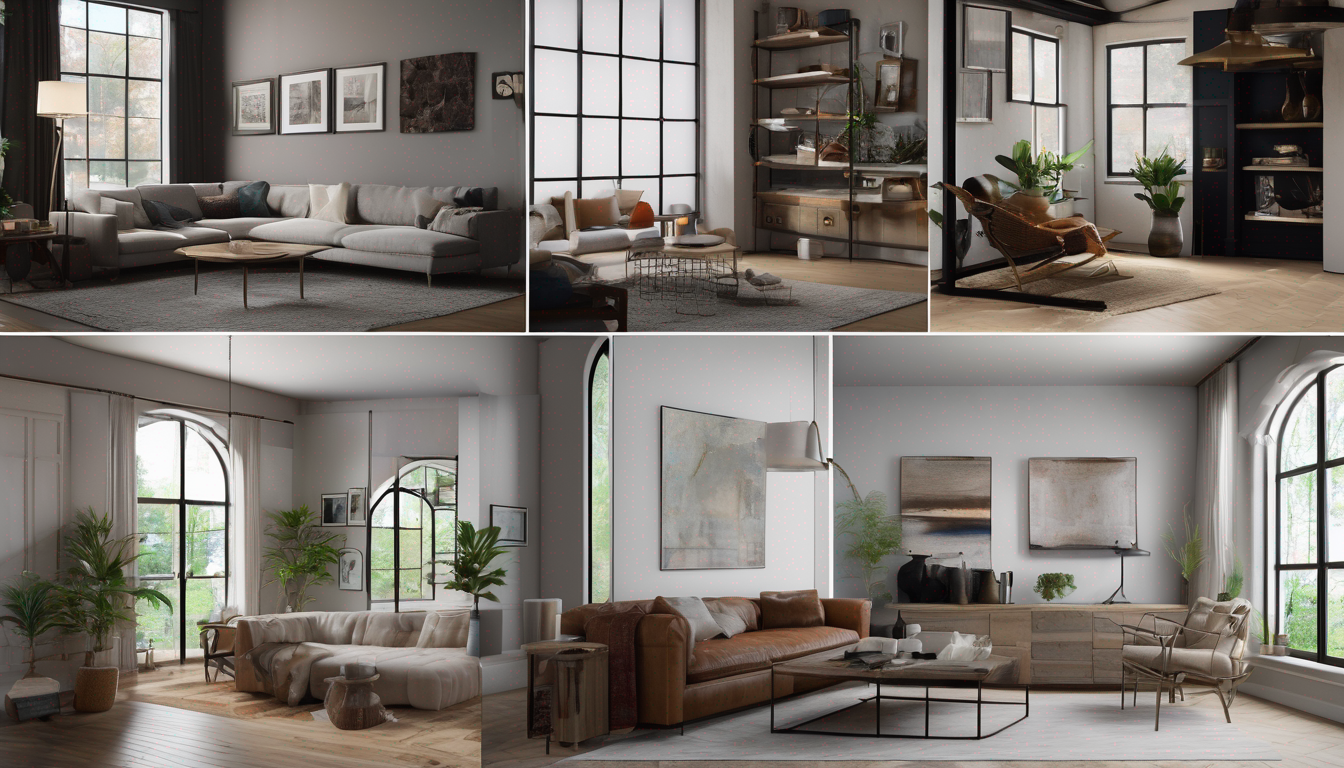 Four-panel comparison showing the same room redesigned in minimalist, industrial, bohemian, and Japandi styles