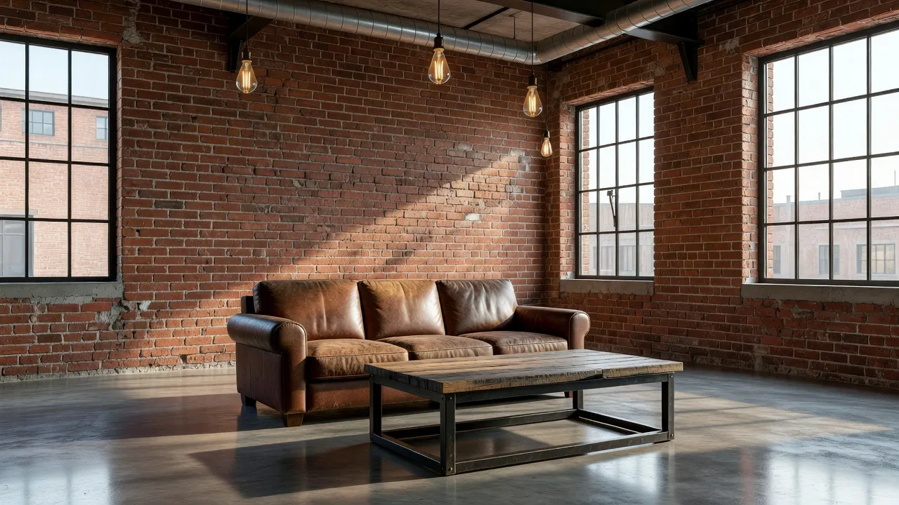 Industrial living room with exposed red brick, polished concrete floor, black steel factory windows, distressed leather sofa, and Edison bulb pendant lighting designed with AI interior design