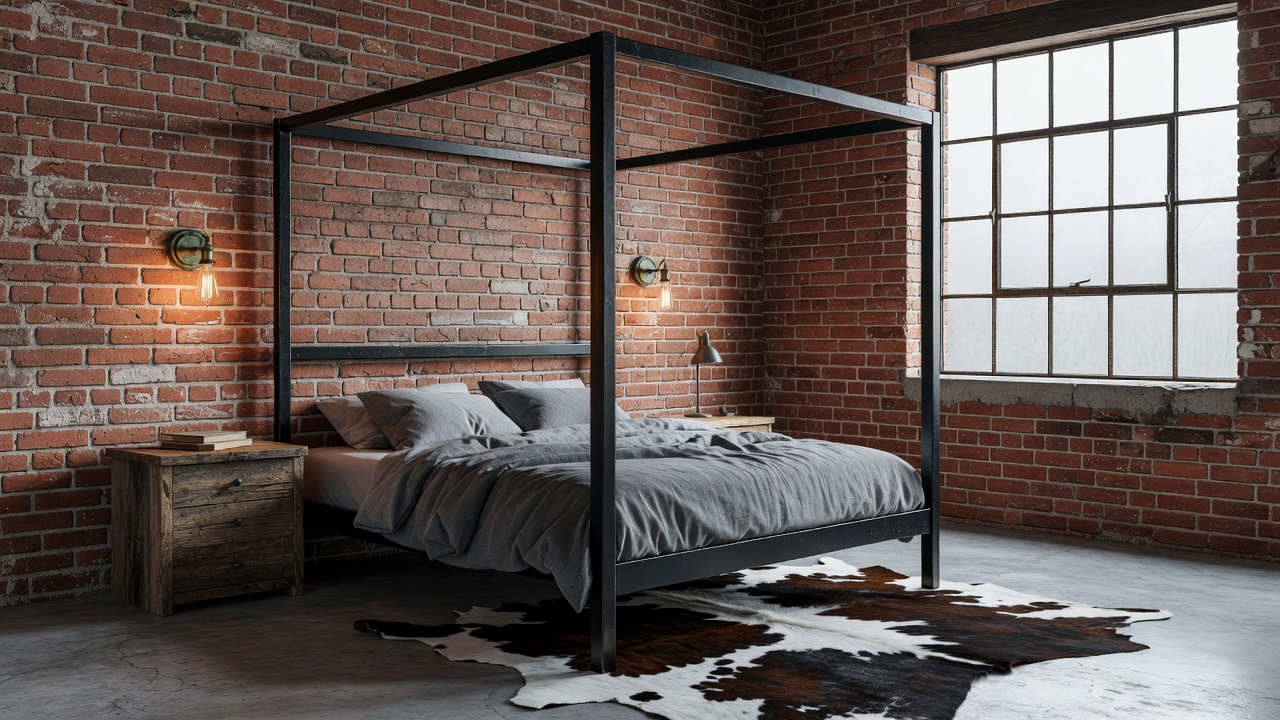 Industrial-Schlafzimmer mit Sichtziegel-Akzentwand, schwarzem Metallbettgestell, grauer Leinenbettwäsche, Betonboden, Edison-Wandleuchten und einem Altholz-Nachttisch, generiert mit KI