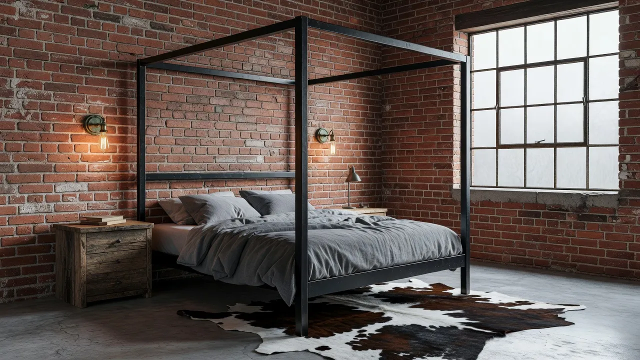 Industrial bedroom with an exposed brick accent wall, black metal bed frame, gray linen bedding, concrete floor, Edison bulb sconces, and a reclaimed wood nightstand generated with AI