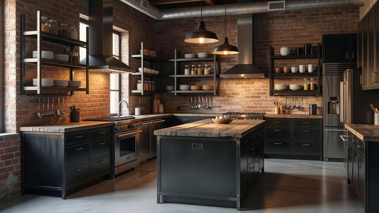 Industrial kitchen with matte black metal cabinets, reclaimed wood countertop, exposed brick backsplash, open metal shelving, and large factory pendant lights designed with AI interior design