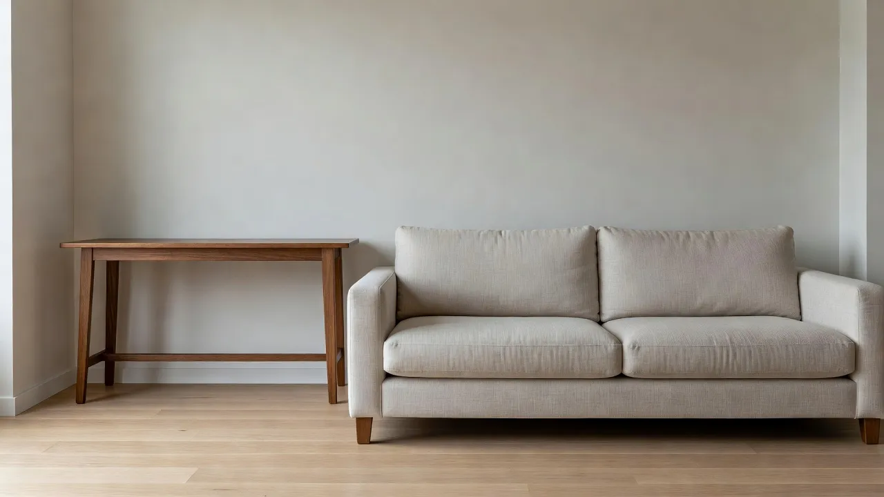 A photorealistic, tidy living room corner with clean flooring and wall where clutter would typically sit, illustrating a single object cleanly removed from a listing photo