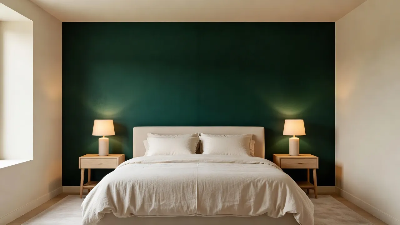 A photorealistic bedroom with a single rich, dark accent wall behind the headboard while the rest of the room keeps its original neutral palette and furniture