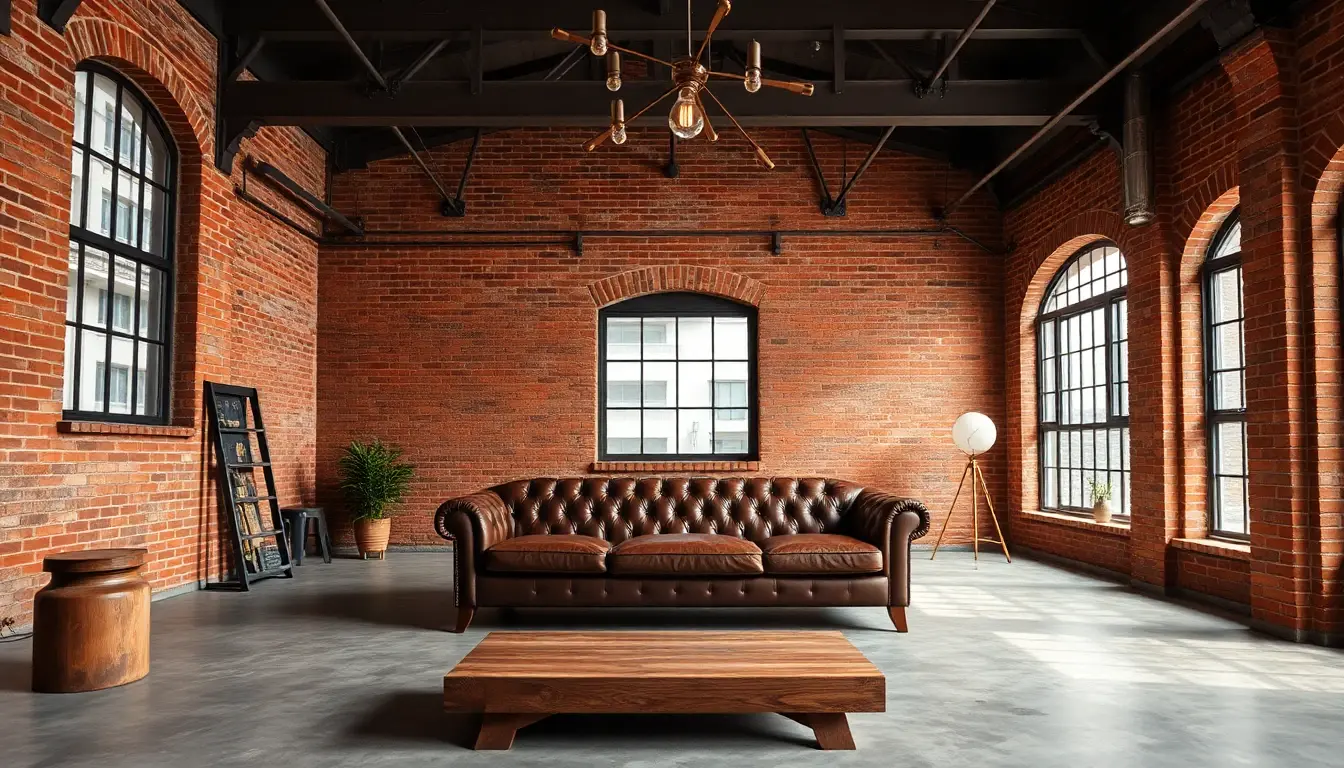 AI-based interior design industrial loft with exposed brick walls and vintage pendant lights