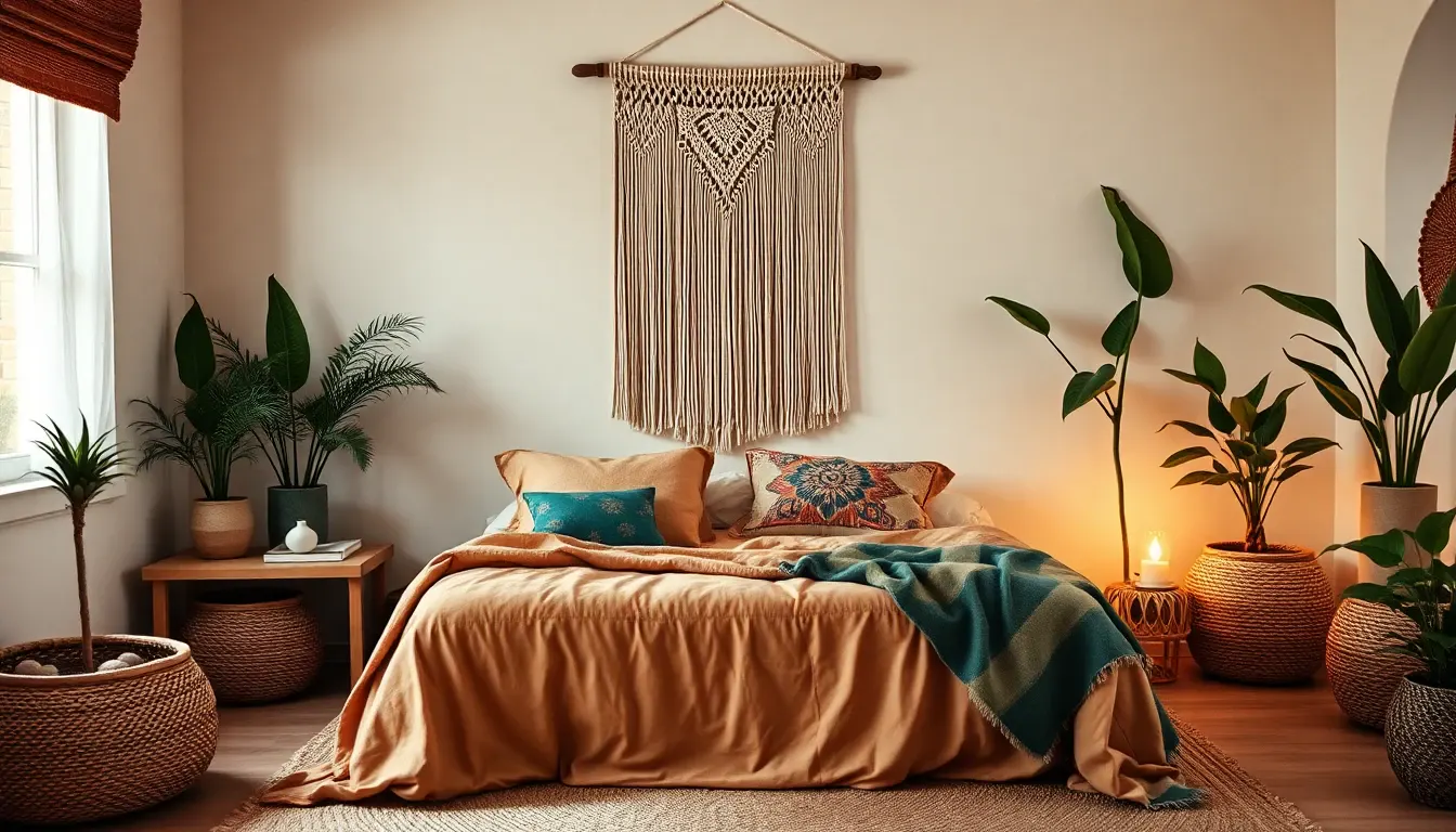 AI interior designer creating bohemian bedroom with layered textiles and warm earth tones