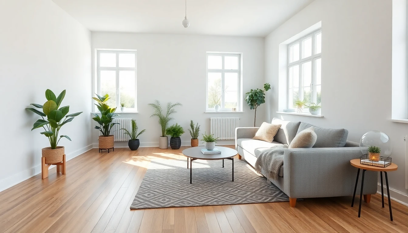 AI interior style Scandinavian living room with natural wood floors and minimalist furniture