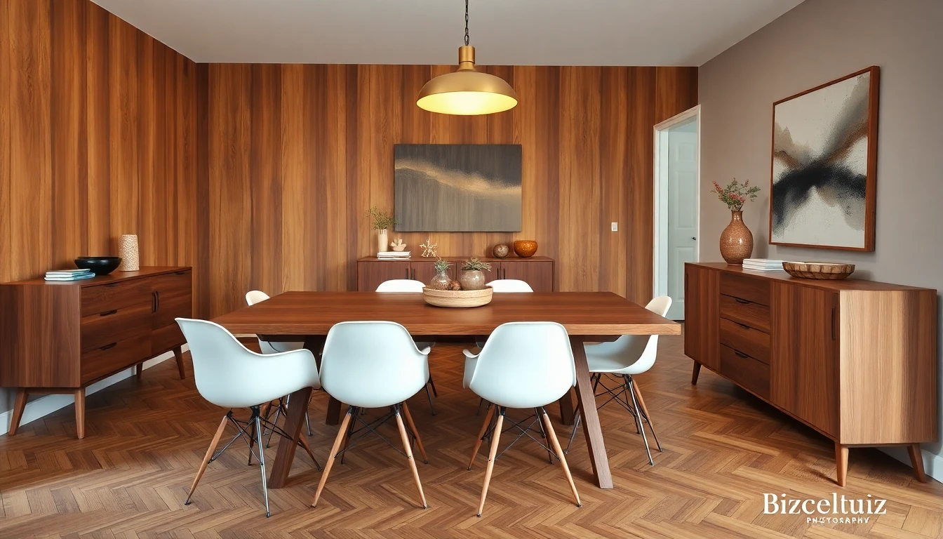 Interior design using AI mid-century modern dining room with walnut table and brass accents