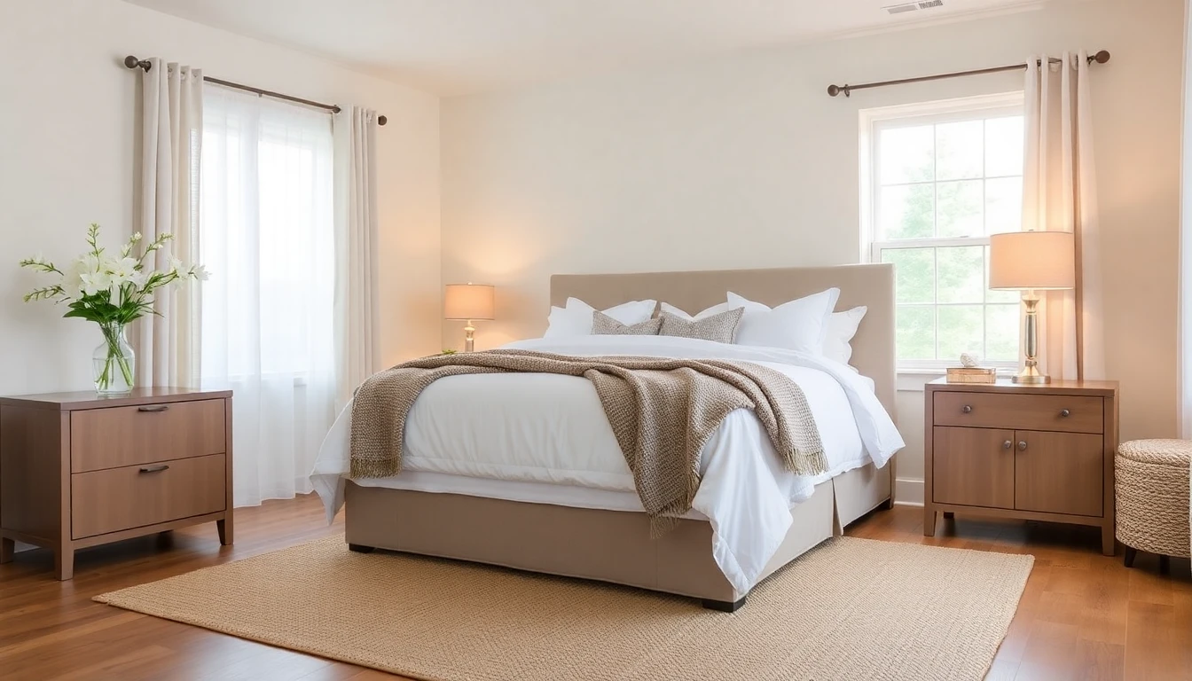 AI Airbnb master bedroom with layered white linen bedding, small warm lamps, fresh flowers, and magazine-quality vacation rental photography