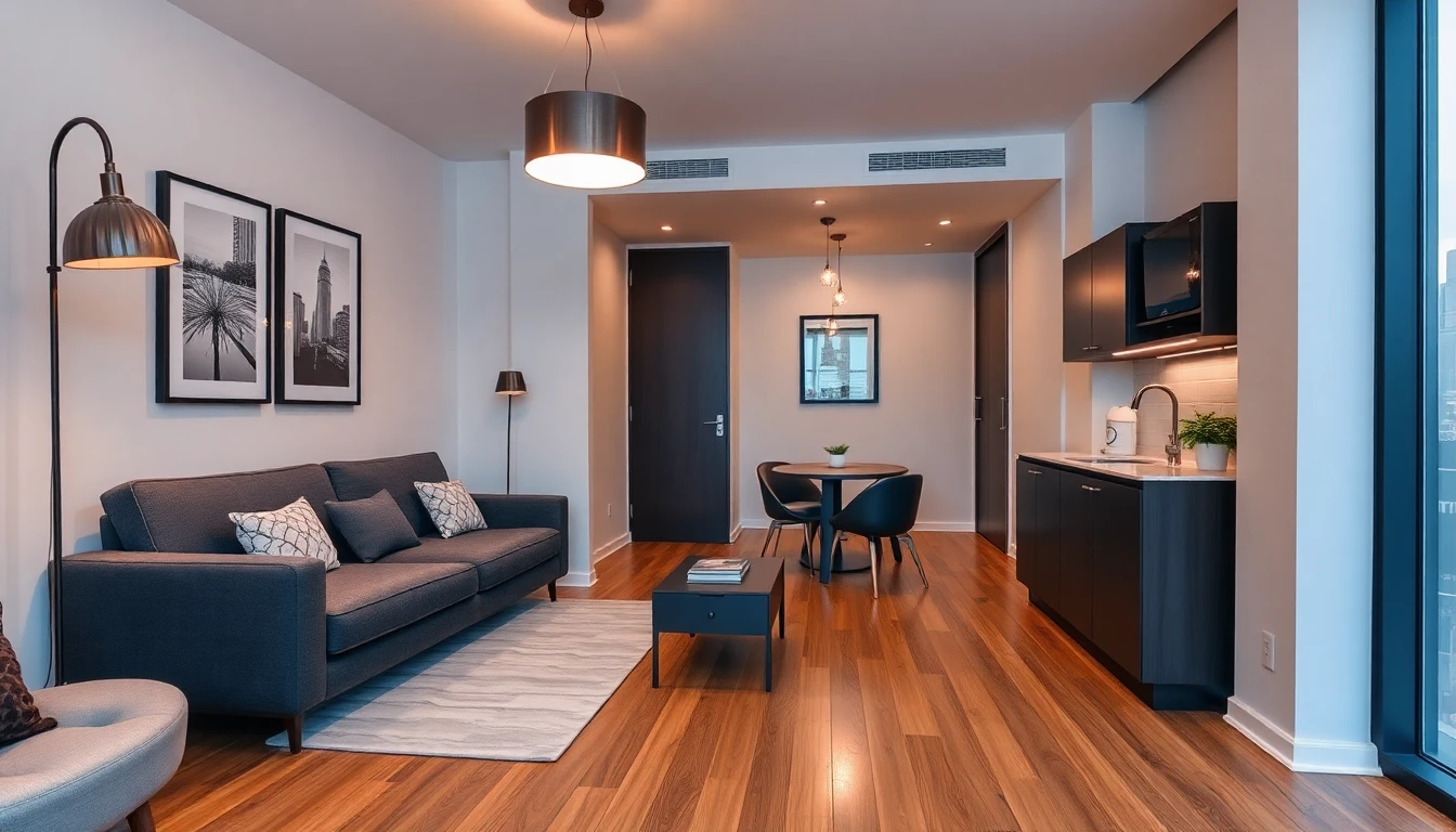 AI short term rental design of a stylish city studio apartment with convertible sofa bed, compact dining corner, and charcoal palette