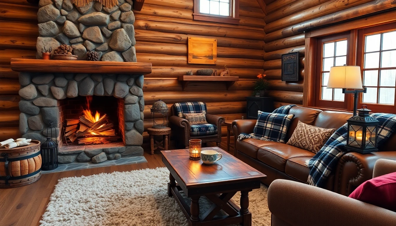 AI STR design of a cozy mountain cabin short-term rental with wood-plank walls, stone fireplace, plaid throws, and warm cabin atmosphere