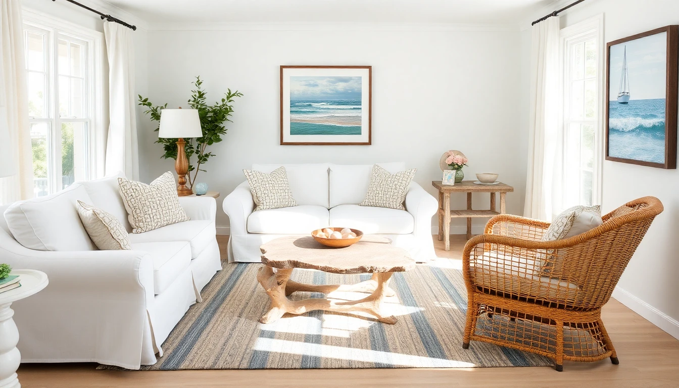 AI vacation rental design of a coastal beach cottage living room with white linen sofa, rattan chair, and relaxed oceanside styling
