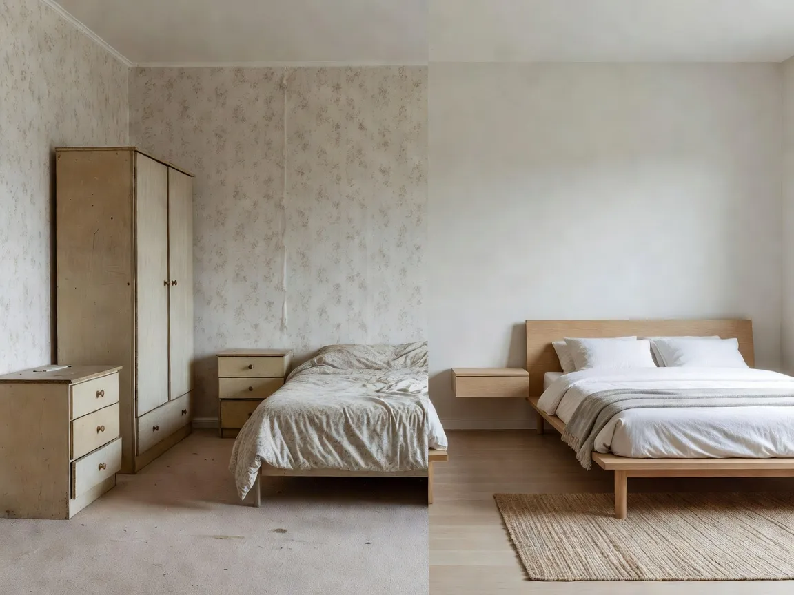 AI interior design app comparison showing a bedroom transformation from dated furniture to a bright modern redesign