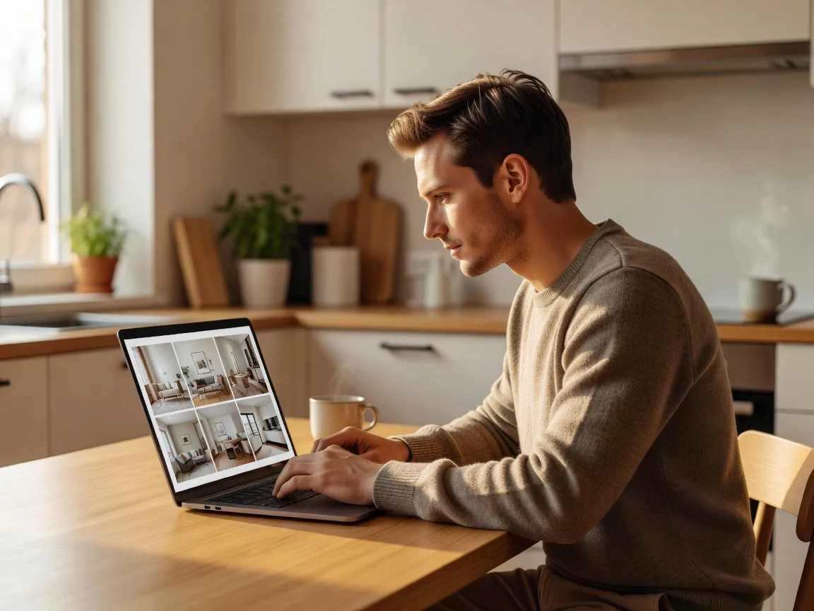 Person comparing AI interior design app results on a laptop in a bright, stylish home