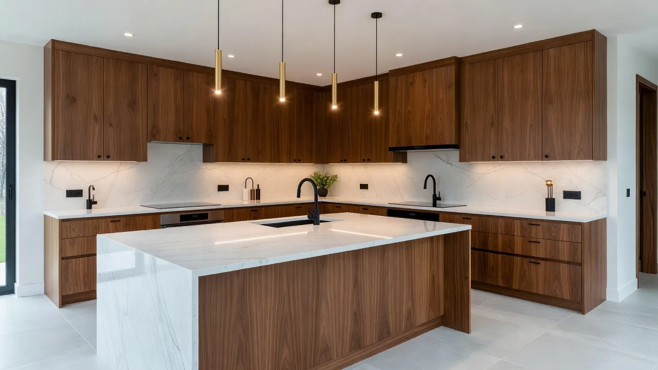 AI renovation visualizer comparison showing a photorealistic kitchen remodel with wood cabinetry and marble countertops