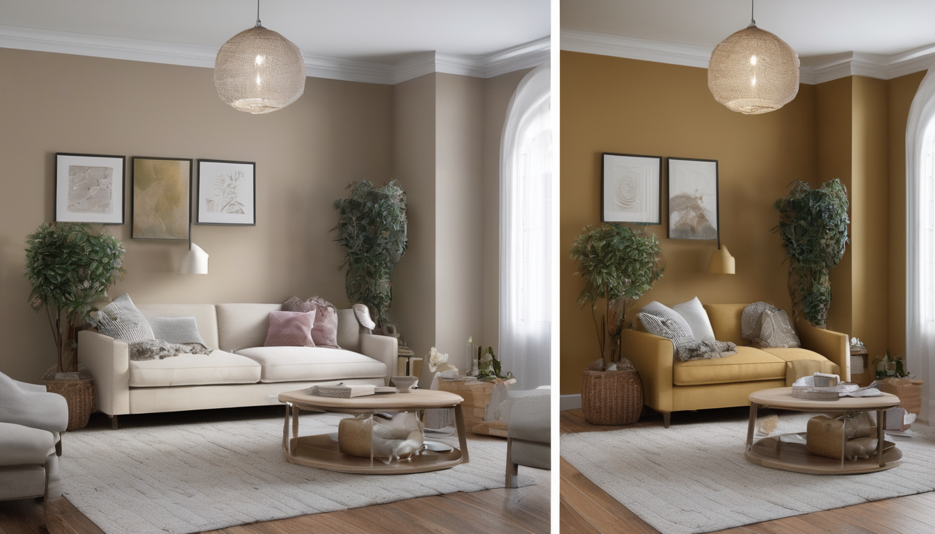 Before and after room transformation using AI interior design showing plain room becoming a styled contemporary space