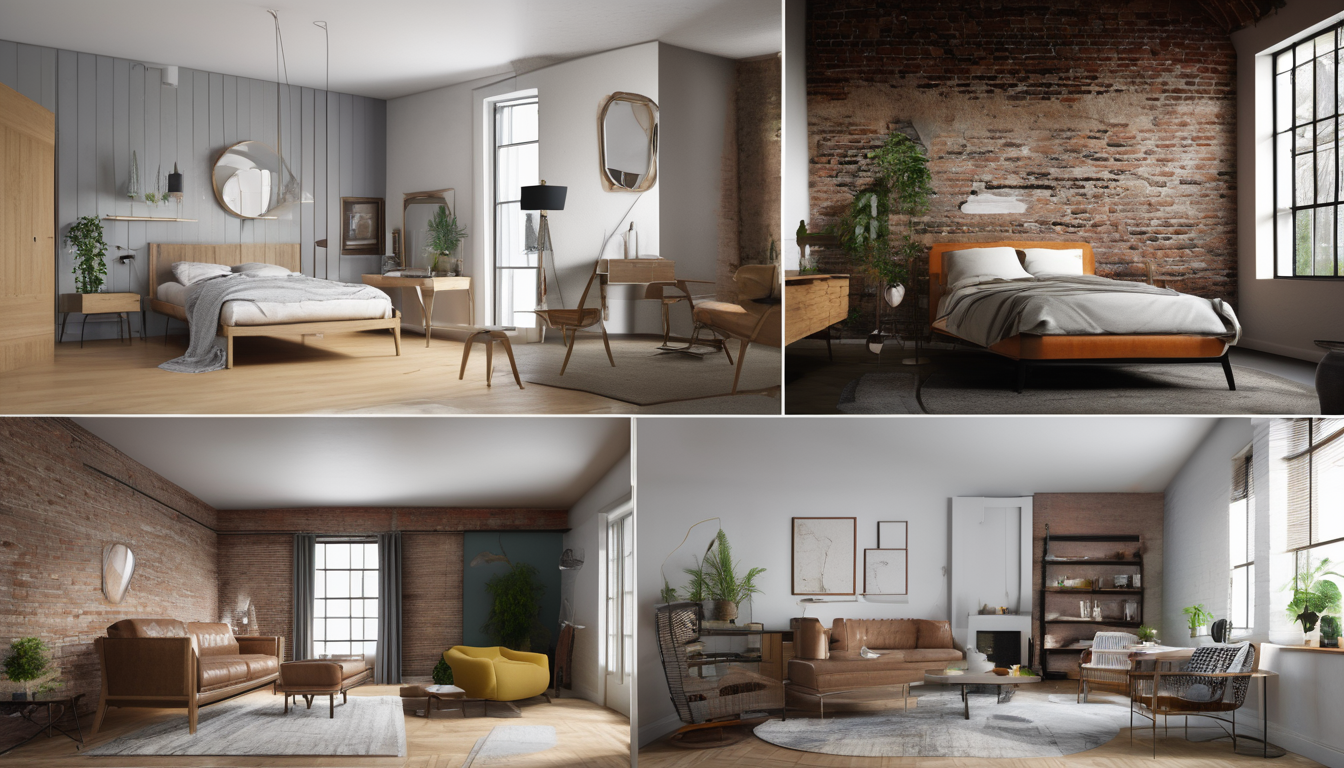 Three-way comparison of the same room in Scandinavian, Mid-Century Modern, and Industrial styles using AI interior design